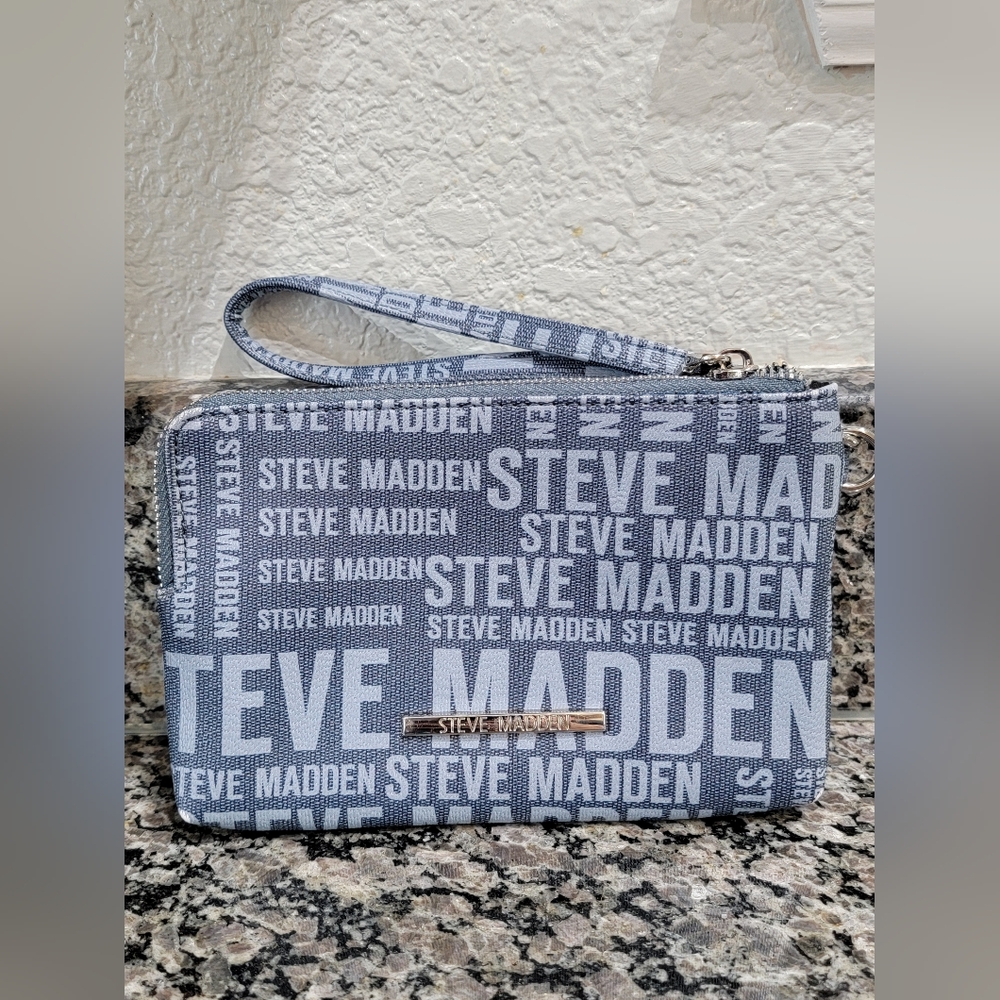Steve Madden Blue/Gray Logo Wristlet - Steve Madden Signature Print